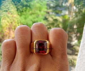 3 CT Emerald Cut Simulated Garnet Men's Engagement Ring 14K Yellow Gold Plated - Picture 1 of 9