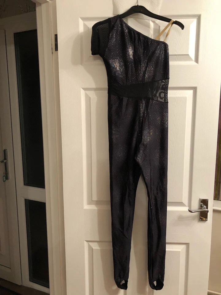 Black/Silver Metallic Lycra Catsuit With Foot Stirrups - Image 1 of 2