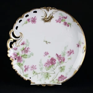 Haviland Limoges H2098 Pink Wild Roses Pierced Bonbon Plate, France Gold Trim 9" - Picture 1 of 6