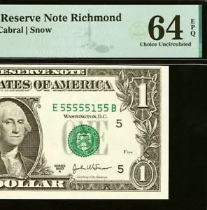 2003A $1 Federal Reserve Note PMG 64EPQ near solid serial number 55555155 - Picture 1 of 3