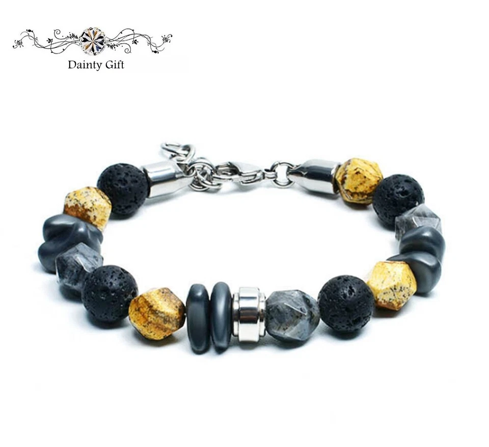 Pulsera Hombre Espectrolita/Hematita/Piedra Volcánica Acero Inoxidable Cuentas Energéticas Foto 1 de 1