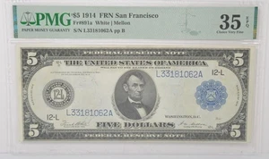 1914 $5 Federal Reserve Note San Francisco Fr#891a PMG 35 EPQ Choice Very Fine - Picture 1 of 2