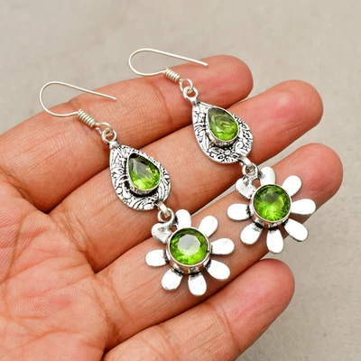 Peridot Gemstone 925 Sterling Silver Jewelry Earrings 2.28" - Image 1 of 4