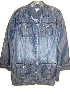 Chico's Gr. 2 (Damen 12-14) blau Denim Hemd Jacke Shacket 29 Zoll Länge gebraucht, in einwandfreiem Zustand - Bild 1 von 13