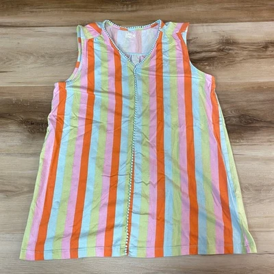 Vestido túnica Lands End listrado gola V feminino XS rosa laranja verde acabamento Pom Pom - Imagem 1 de 4