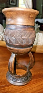 Antike afrikanische Kuba Tasse Holz geschnitzt Palme Wein Zeremonien Tasse SIGNIERT 7 cm - Bild 1 von 7