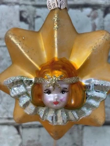 Vintage mundgeblasen Glas Stern Engel Ornament Polen Glitzer Gesicht Weihnachten - Bild 1 von 10