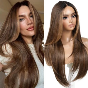Brown and Blonde Highlight Wear and Go Glueless Wig with Bangs Layered Pre Pl... - Picture 1 of 7