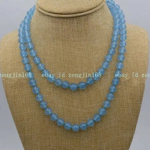 Beautiful Natural 6mm Blue Aquamarine Gemstone Round Beads Necklace 36" AAA - Picture 1 of 12