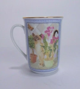 Vintage Russ Berrie & Co Gold Rim Siamese Cat W/Orchids Mug 8 oz - Picture 1 of 7