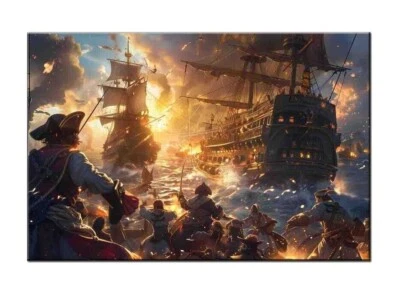 Pintura al óleo de barco pirata impresa sobre lienzo, puerto medieval náutico, impresión giclée Foto 1 de 4