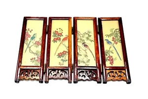 Mini pantalla asiática vintage de 4 paneles de 2 caras pintada a mano decoración de pájaros y flores - Imagen 1 de 5