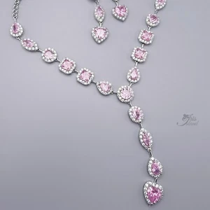 Set orecchini collana cuore Y zirconi rosa gioielli da sposa tono argento regalo - Foto 1 di 5