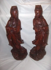 Vintage Pair Kwan Yin Carved Rosewood Statue Figurine Sculpture Chinese Buddhist - Picture 1 of 20