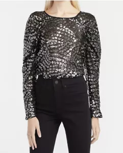 NEW EXPRESS Black SEQUIN PUFF RUCHED Long SLEEVE BLOUSE TOP Shirt XSMALL XS NWT - Picture 1 of 4