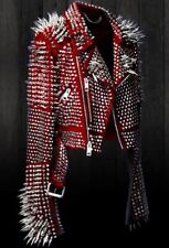 New Women Red  Punk Full Long Silver Spiked Studded Brando Style Leather Jacket