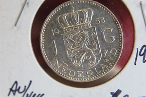 NETHERLANDS 1958 1 GULDEN SILVER #2 - Picture 1 of 2