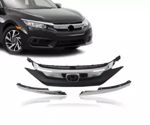 Front Upper Grille 3p With Molding Chrome For 2016 2017 2018 Honda Civic Sedan - Picture 1 of 5