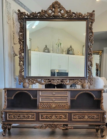 ANTIQUE FRENCH VICTORIAN DRESSER CHEST MIRROR ORNATELY CARVED WOOD HAND PAINTED Cover