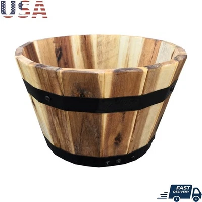 Round Barrel Planter Gardening Large Plants Rustic Wood Indoor Outdoor New - Imagem 1 de 3