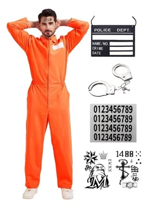 Disfraz de prisionero para hombre mono naranja convicto despedida de soltero fiesta vestido elegante Foto 1 de 4