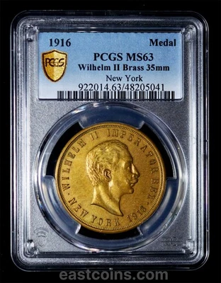 Medalla de latón PCGS MS63 1916 EE. UU. Nueva York Kaiser Wilhelm II Foto 1 de 4