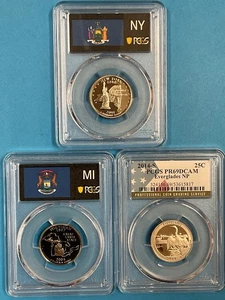 3-Coins State Quarters PCGS PR69DCAM 2001S NY/2004S MI/2014S Everglades NP - Picture 1 of 7
