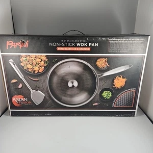 Parini 12.5" Stainless Steel Non-Stick WOK Pan W/Glass Lid & Spatula - Picture 1 of 7