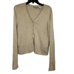 Liz Claiborne Cardigan M Beige Button Down V Neck Open Knit Sweater Size Medium - Picture 1 of 8
