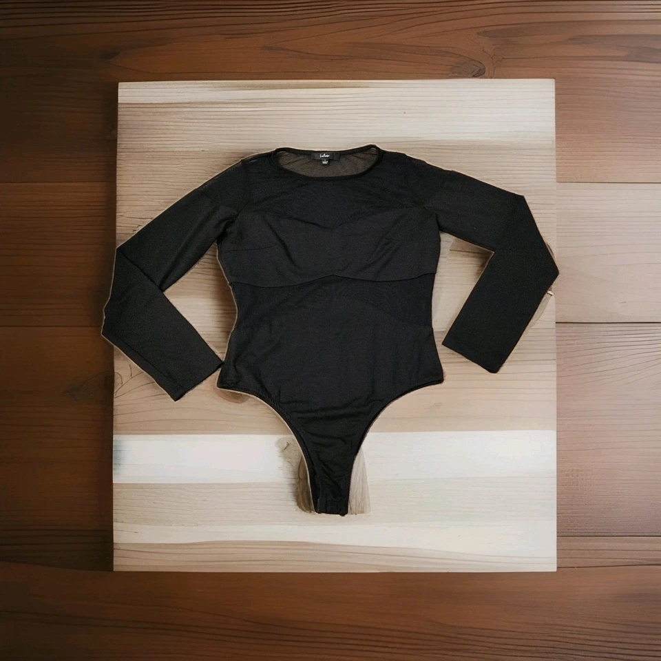 Lulus Bodysuit Thong Long Sleeve Black Mesh Panel Cutouts Snap Bottom Size Large - Image 1 of 4