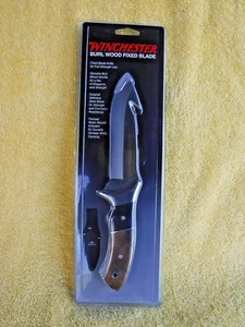 NIP/OOP WINCHESTER BURL WOOD FIXED BLADE KNIFE W/ GUTHOOK & SHEATH 10", BLADE 5" - Picture 1 of 8