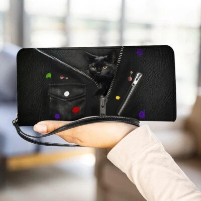 Personalizado Precioso Cartera sin asas de cuero PU para gatos negros, Cartera de regalo para amantes de los gatos Foto 1 de 2