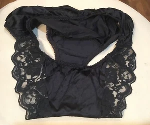 Vintage Black Satin Lace Nylon Chantilly High Cut Leg Panties L Union Made - Picture 1 of 9