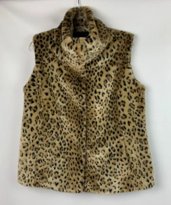 Kristen Blake Vest Leopard Faux Fur Tan/Black Collared Pockets Lined Hook Size M - Image 1 of 4