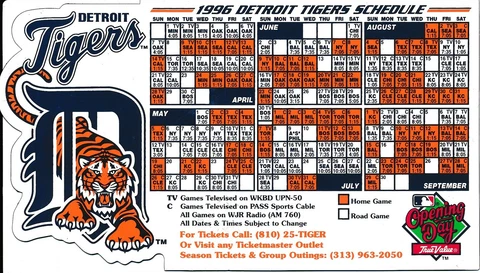 1996 DETROIT TIGERS MAGNETIC BASEBALL SCHEDULE TRUE VALUE 6 3/4" x 3 7/8" Cover