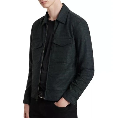 John Varvatos Colección Para Hombre Landon Lana Cuadros Cremallera Frontal Chaqueta Bolsillos Musgo Foto 1 de 4