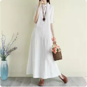 Women Solid Color Grace Cotton Linen Dress Chinese Style Stand Collar Cheongsam - Picture 1 of 10