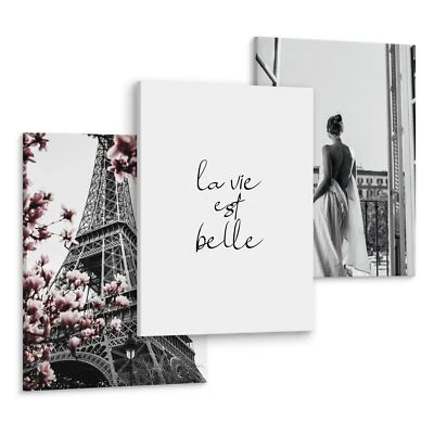 Leinwand Bilder Set Aufhängefertig PARIS Eiffelturm Frau Zitat Wanddeko 90x40cm - Bild 1 von 4