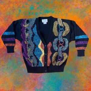 Jaclyn Smith Cardigan Sweater  Vintage 90s Chenille Medium Black Jewel Tones