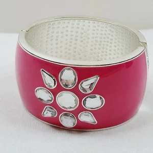Brazalete Abrazadera Bisagras Grueso Grueso Rosa Esmaltado Estrás Flor Declaración - Imagen 1 de 8