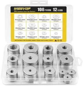 108Pcs 304 Stainless Steel Flat Washers, Fender Washers Assortment Kit 12 Sizes - Picture 1 of 7