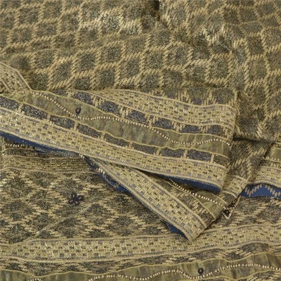 Sanskriti 复古绿色纱丽网眼手工串珠编织工艺织物 5+ 码纱丽 — 第 1/4 张图片