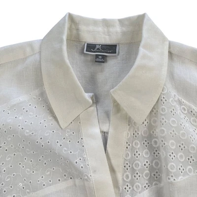 JM Collection Shirt Womens 10 White 100% Linen with Cotton Eyelet Trim Sequins - Image 1 of 4