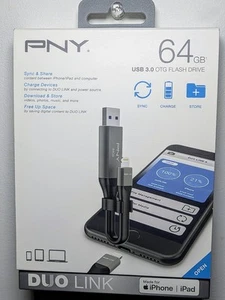PNY DUO Link 64GB USB 3.0 OTG Flash Drive for iOS Devices iphone and Computers - Photo 1/4