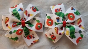 2x Girls Hair Bow Clips Caterpillar Green white Red apple character - Picture 1 of 1