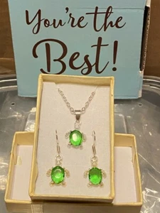 New Silver Plated Green Oval Crystal CZ Turtle Dangle Earrings & Necklace Set - Picture 1 of 4