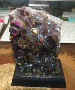 METALIZED AMETHYST CRYSTAL CLUSTER GEODE FROM BRAZIL CATHEDRAL W/ WOOD BASE  - Picture 1 of 5