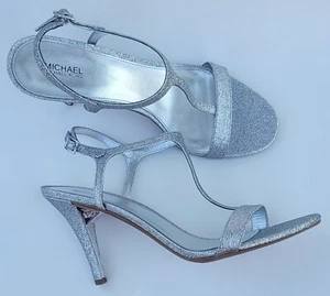 Michael Kors Women Silver Glitter Strap Sandals Peep Toe T Strap High Heel Shoes - Picture 1 of 7