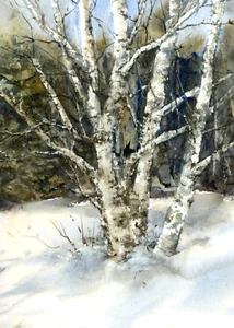 Linda Henry WINTERBÄUME Original Aquarell Landschaft - mattiert & rahmenfertig - Bild 1 von 5
