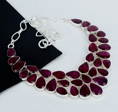 Kashmir Rubino Gemma a Mano 925 Argento Sterling Collana Per Compleanno Regali - Immagine 1 di 4